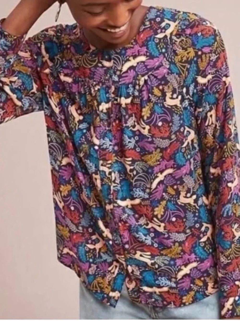 🦌 Anthropologie 25 of 52 conversations Oh Deer woodland print capsule blouse